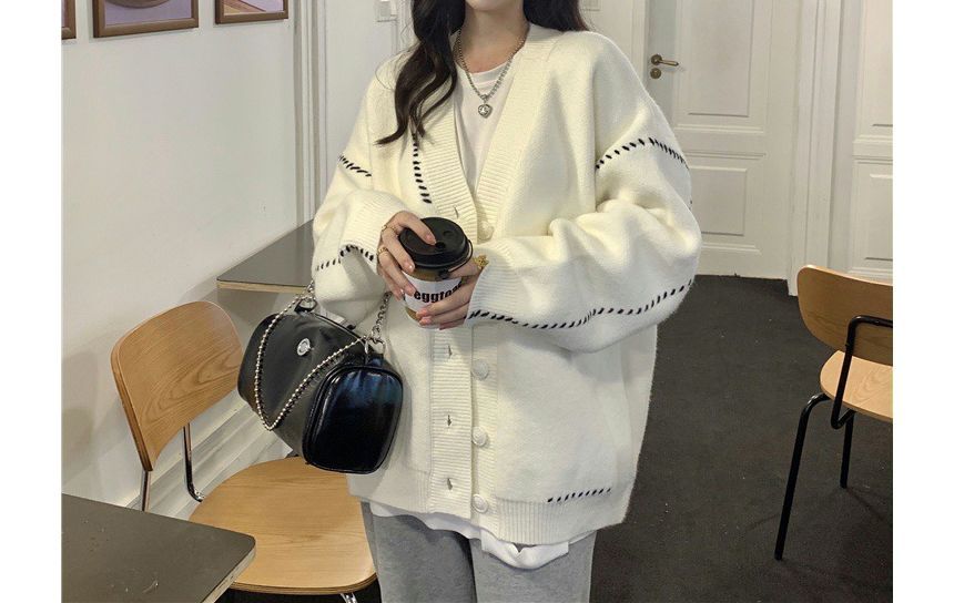 Contrast Stitch V-Neck Cardigan