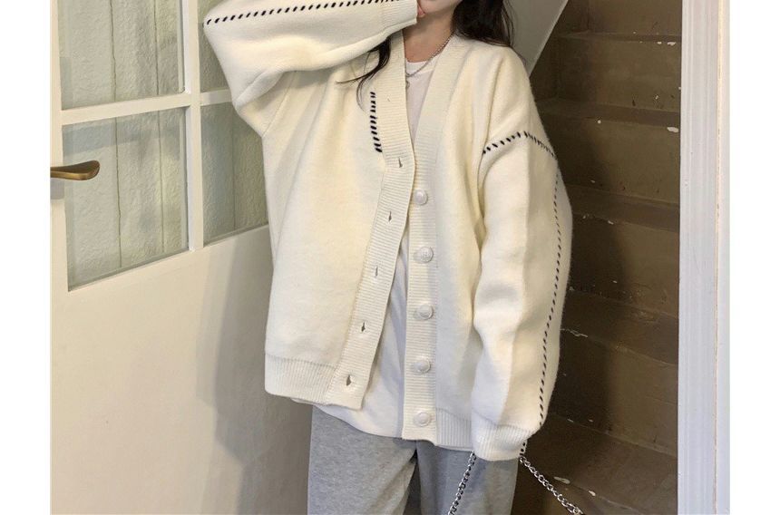 Contrast Stitch V-Neck Cardigan