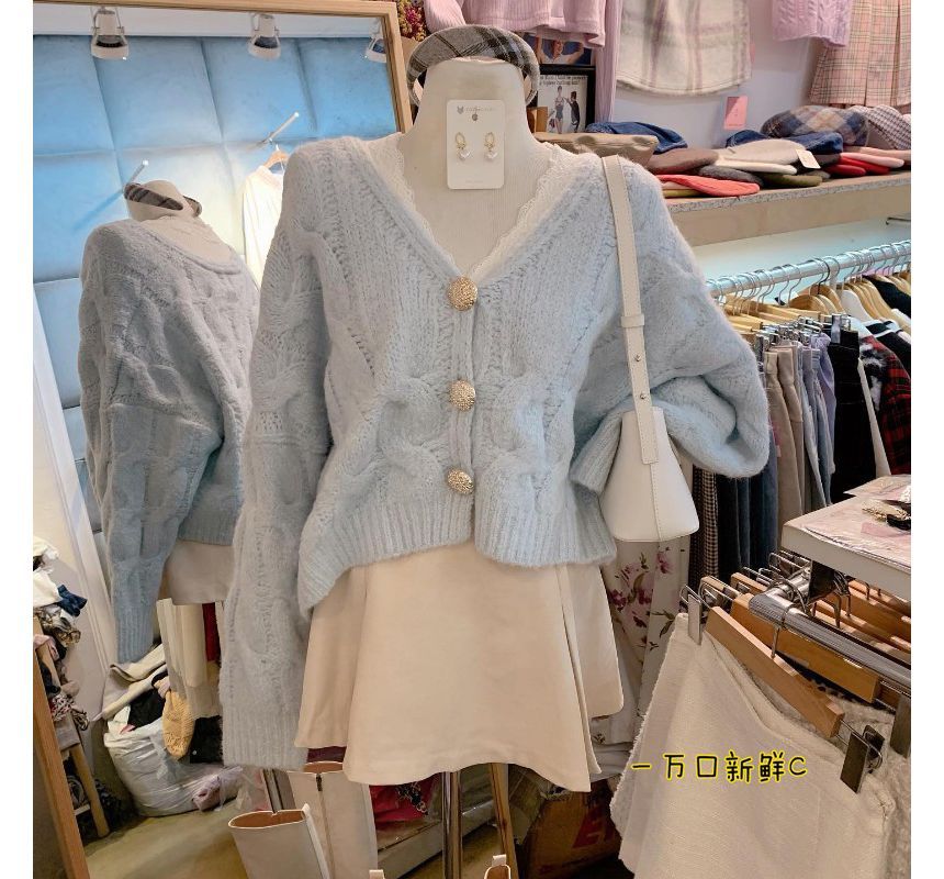 Cable Knit V-Neck Oversized Cardigan and Lace Top