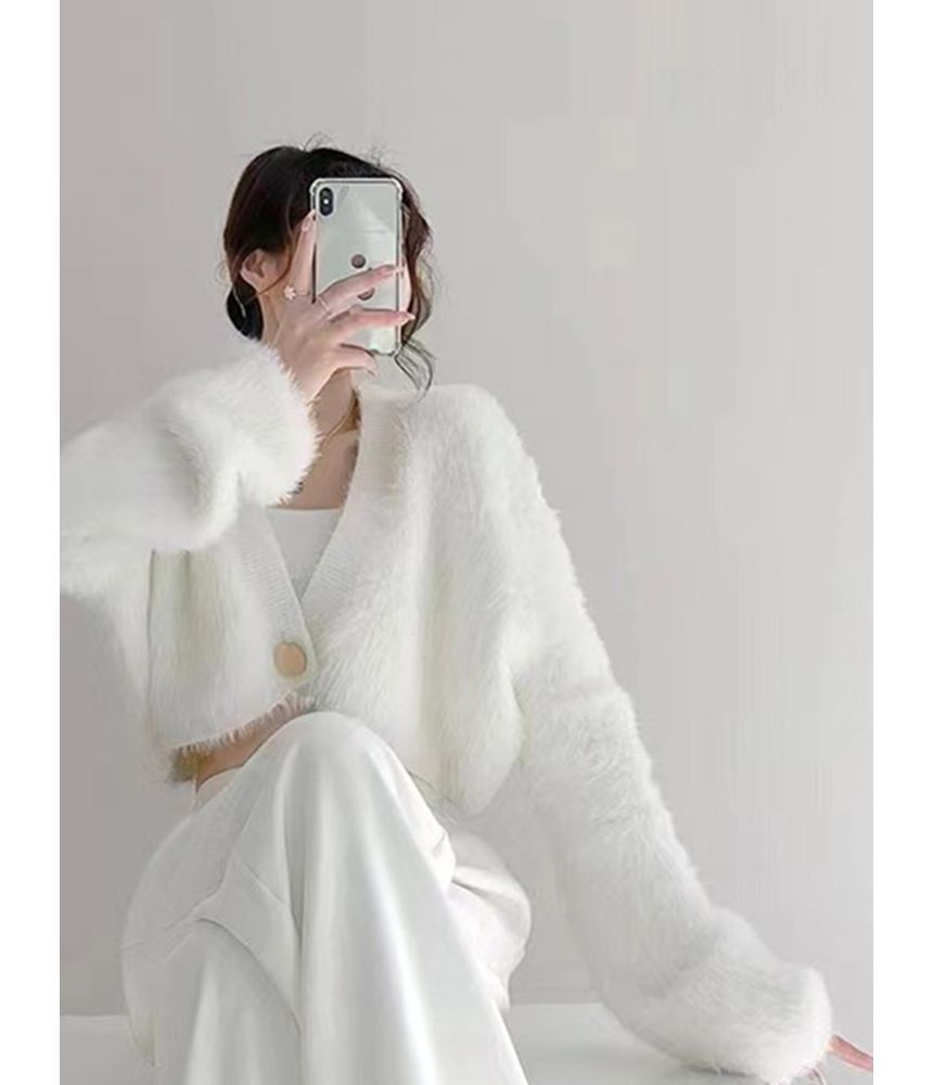 Fluffy V-Neck Cropped Cardigan