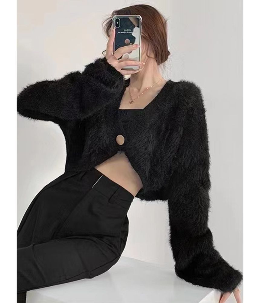 Fluffy V-Neck Cropped Cardigan
