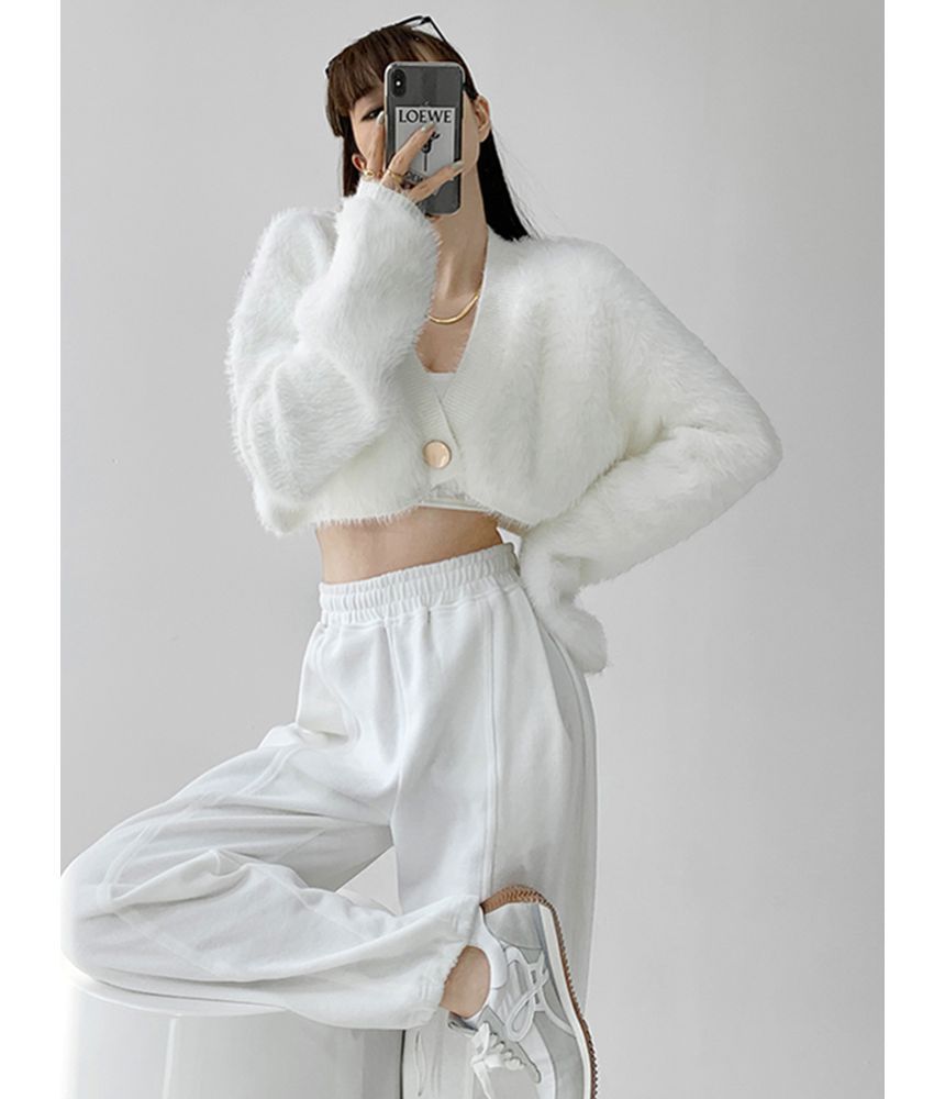 Fluffy V-Neck Cropped Cardigan