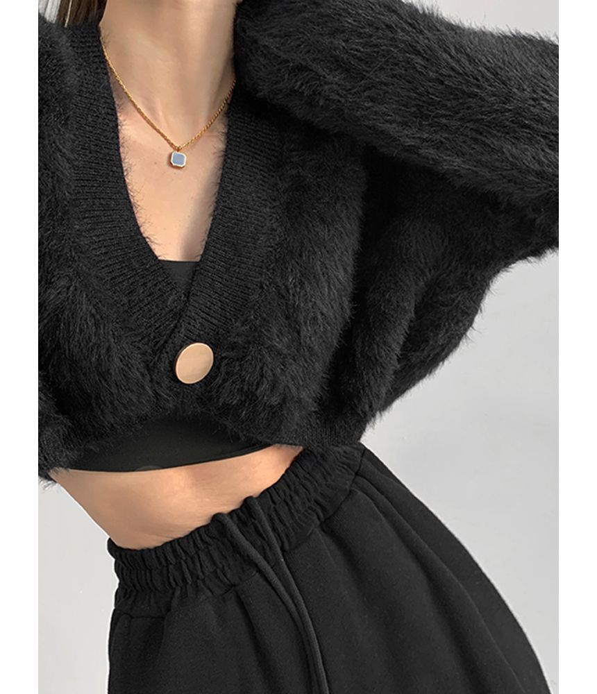 Fluffy V-Neck Cropped Cardigan