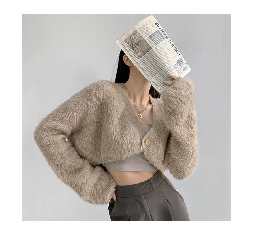 Fluffy V-Neck Cropped Cardigan