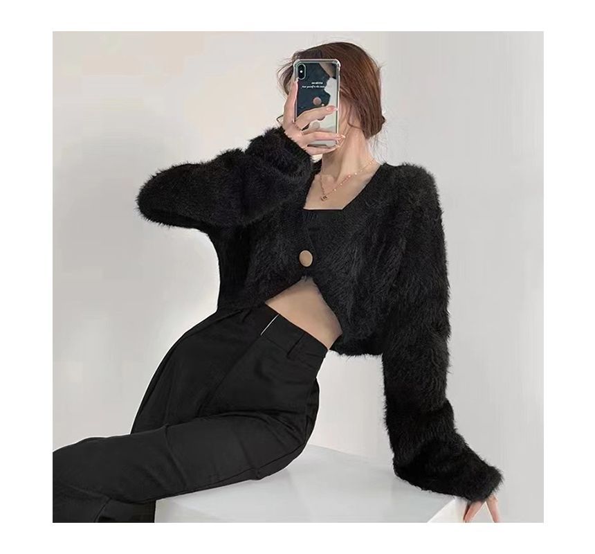 Fluffy V-Neck Cropped Cardigan