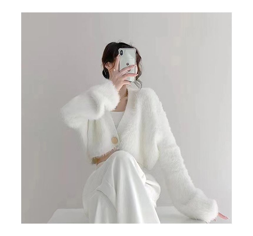Fluffy V-Neck Cropped Cardigan