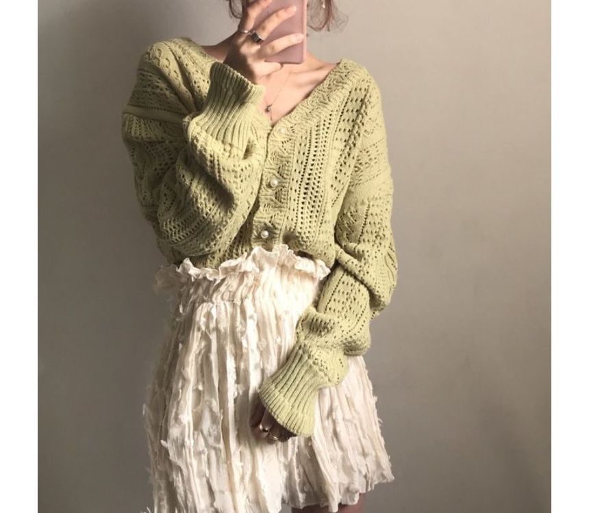 Faux Pearl V-Neck Button-Up Cardigan
