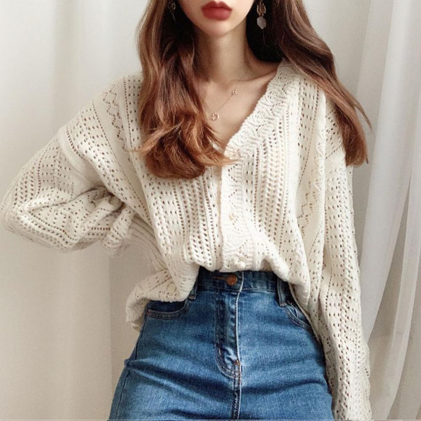 Faux Pearl V-Neck Button-Up Cardigan
