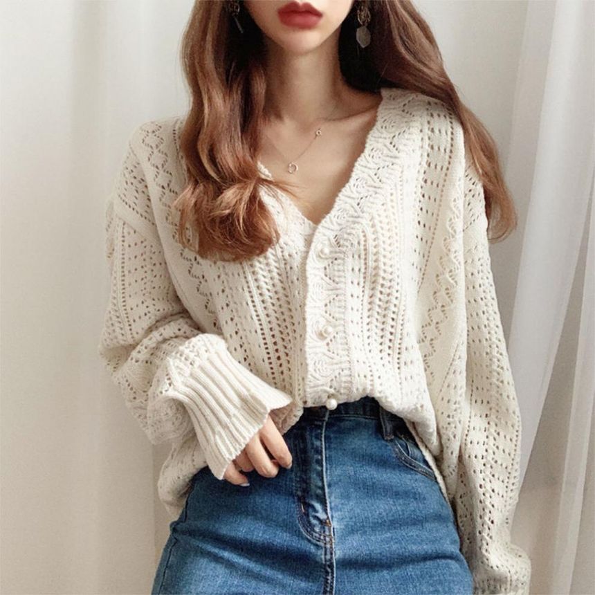 Faux Pearl V-Neck Button-Up Cardigan
