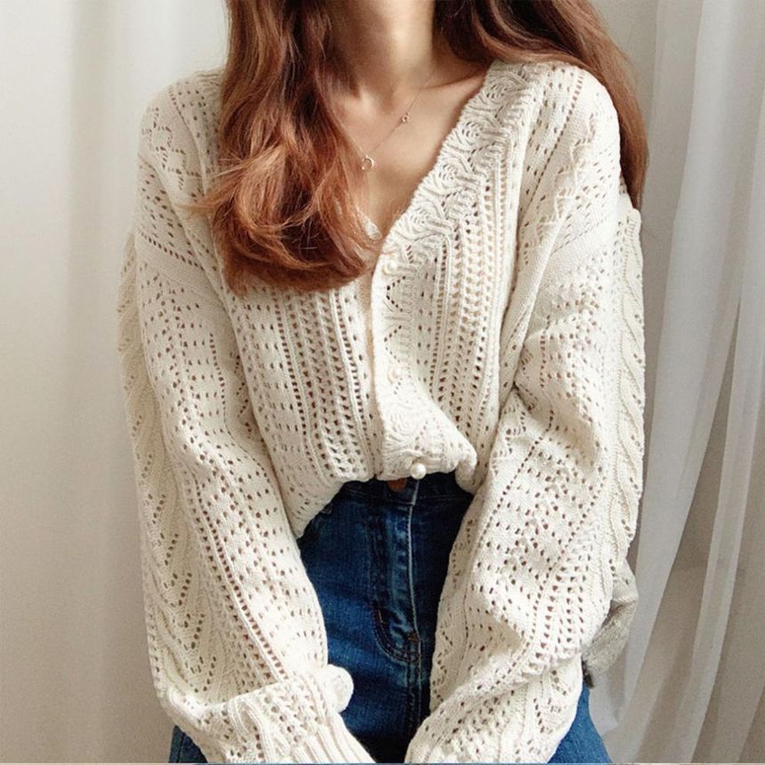 Faux Pearl V-Neck Button-Up Cardigan