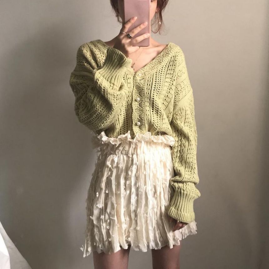 Faux Pearl V-Neck Button-Up Cardigan