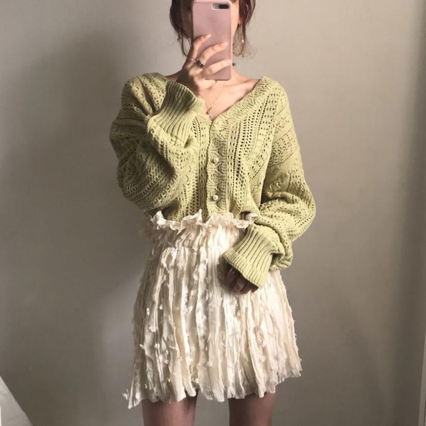 Faux Pearl V-Neck Button-Up Cardigan
