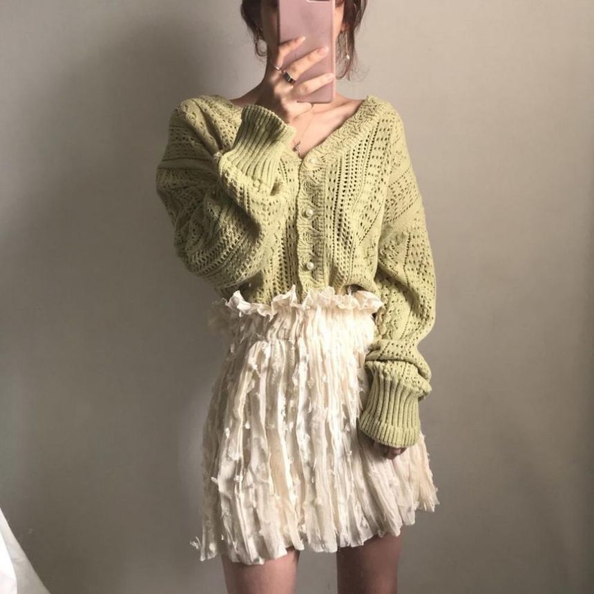 Faux Pearl V-Neck Button-Up Cardigan