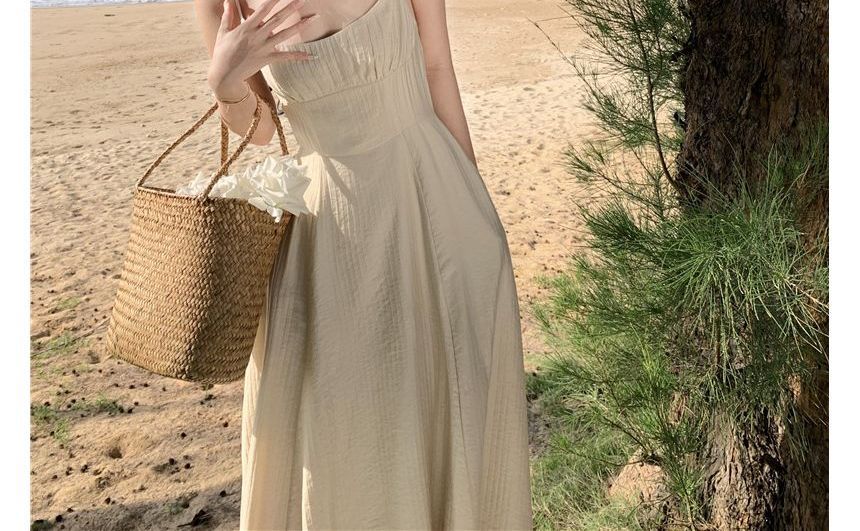Thin Strap Solid Shirred Midi A-Line Dress