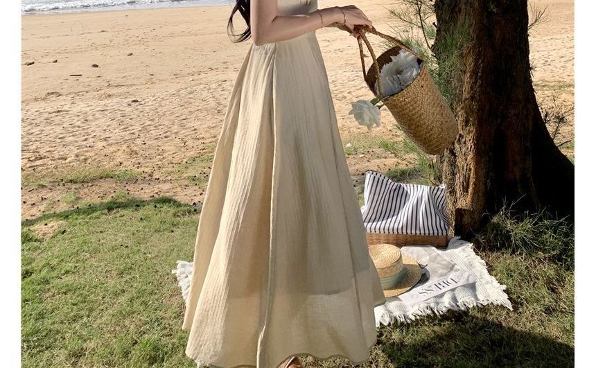Thin Strap Solid Shirred Midi A-Line Dress