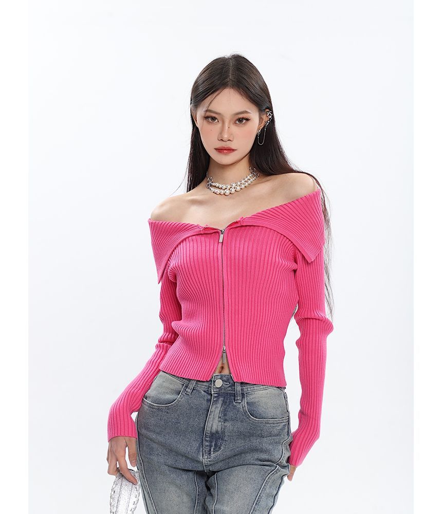 Off Shoulder Ribbed Zip Cardigan