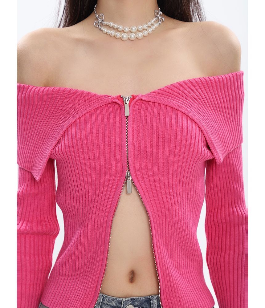 Off Shoulder Ribbed Zip Cardigan