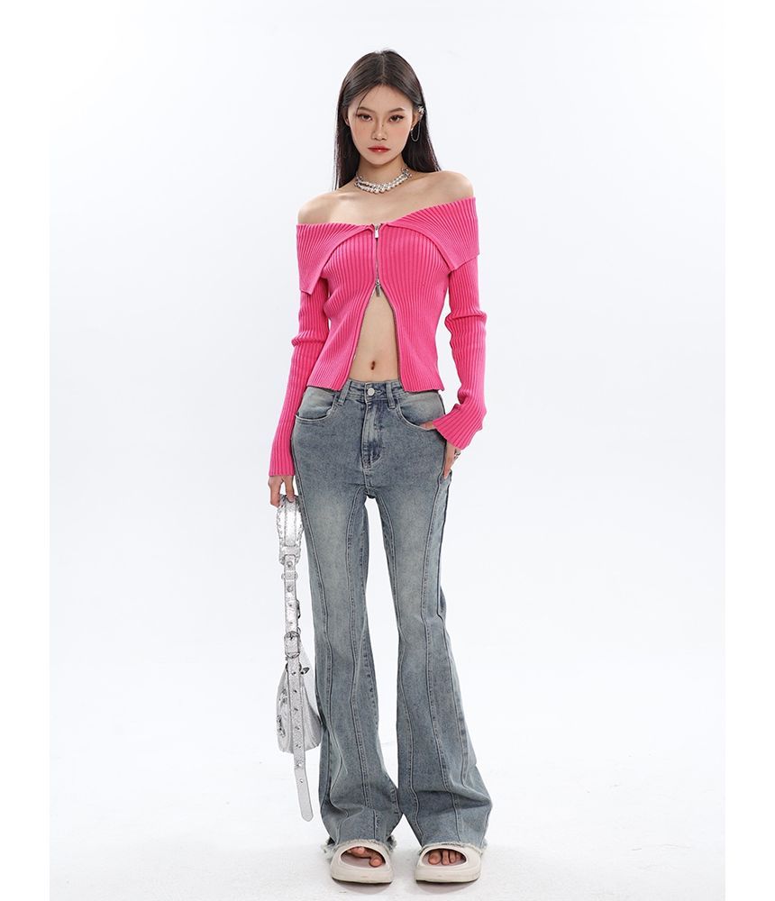 Off Shoulder Ribbed Zip Cardigan