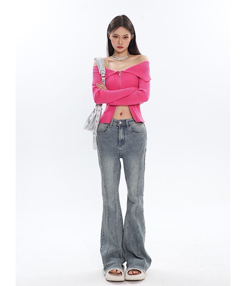 Off Shoulder Ribbed Zip Cardigan