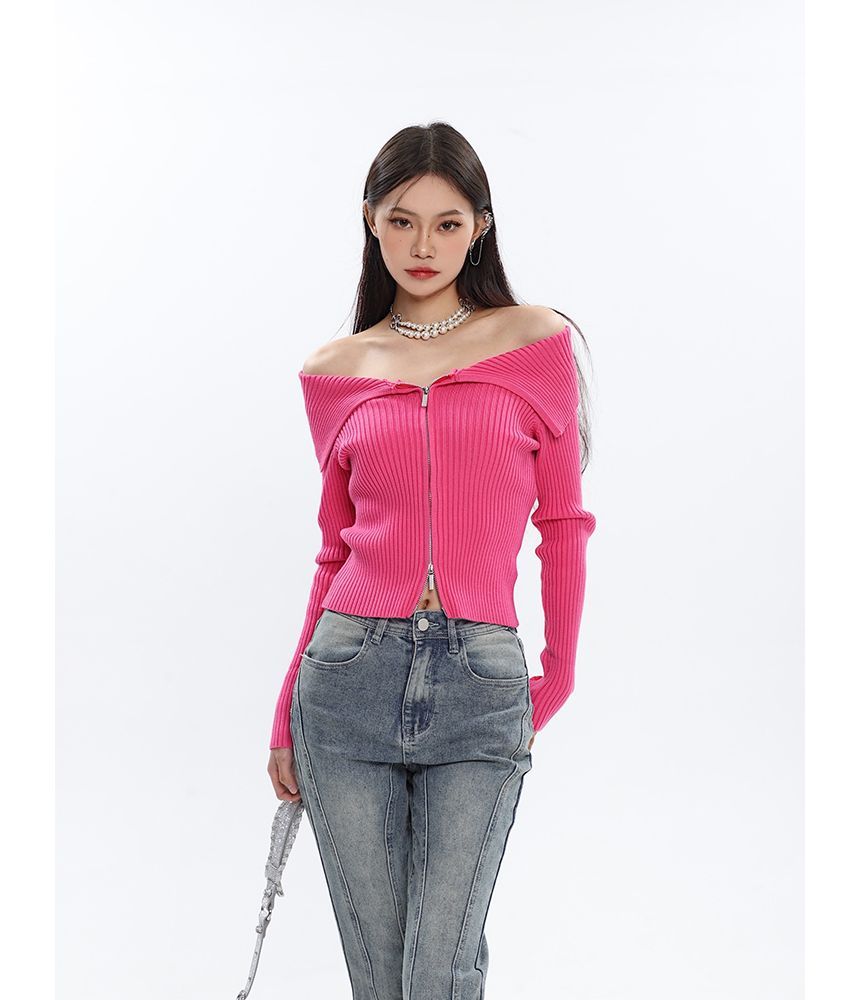 Off Shoulder Ribbed Zip Cardigan