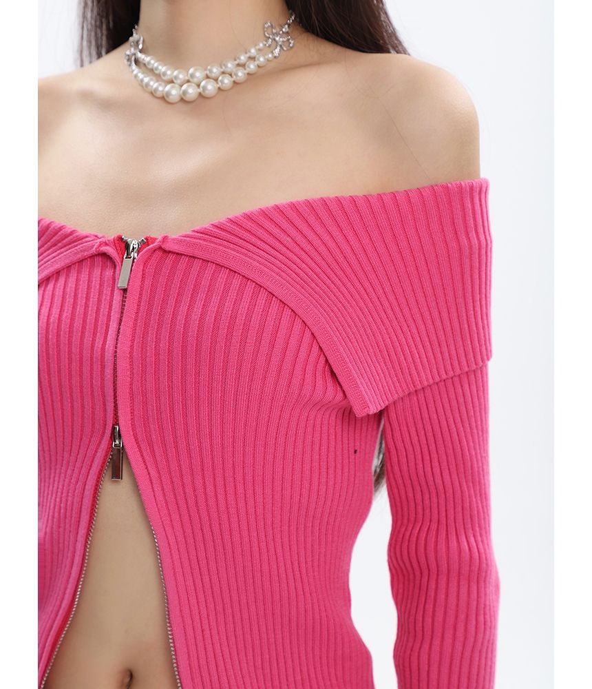 Off Shoulder Ribbed Zip Cardigan