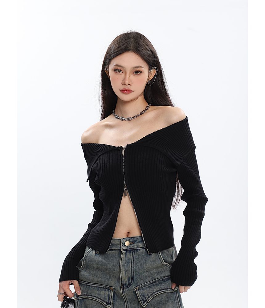 Off Shoulder Ribbed Zip Cardigan