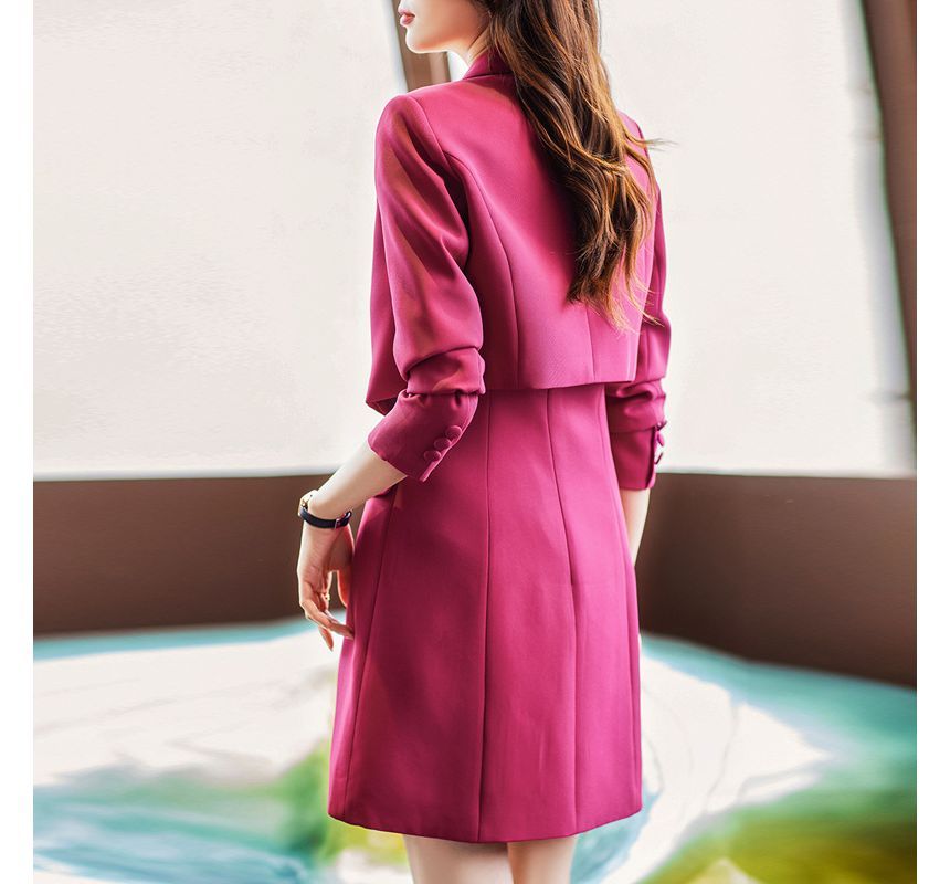 Thin Strap Solid Mini A-Line Dress / Double-Breasted Crop Blazer / Set