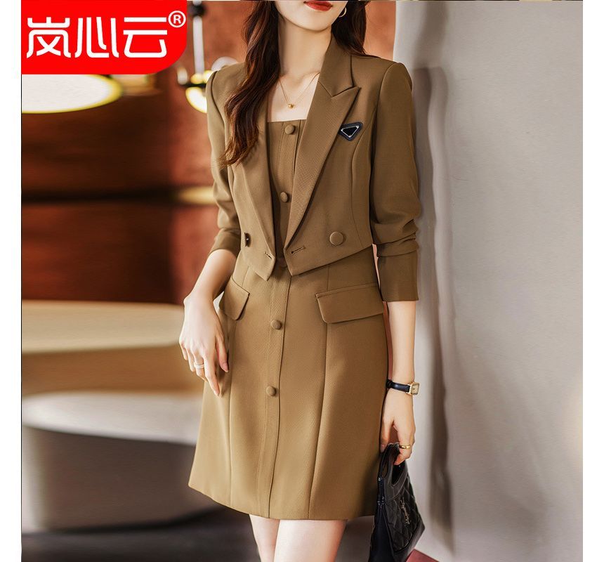 Thin Strap Solid Mini A-Line Dress / Double-Breasted Crop Blazer / Set