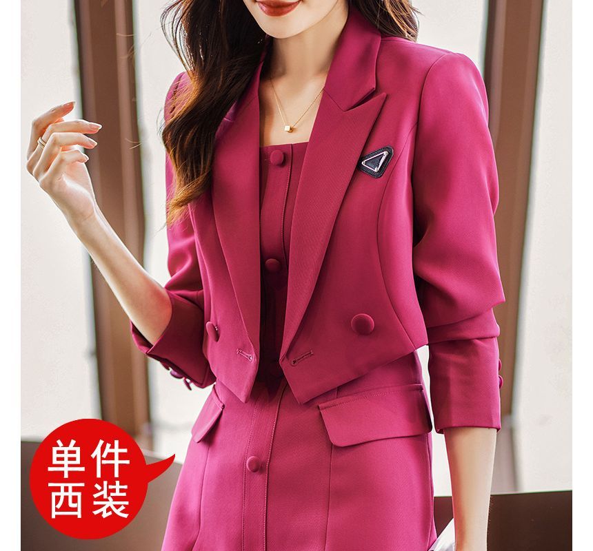 Thin Strap Solid Mini A-Line Dress / Double-Breasted Crop Blazer / Set