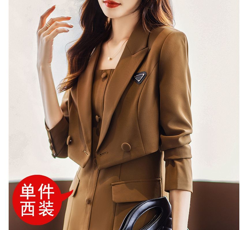 Thin Strap Solid Mini A-Line Dress / Double-Breasted Crop Blazer / Set