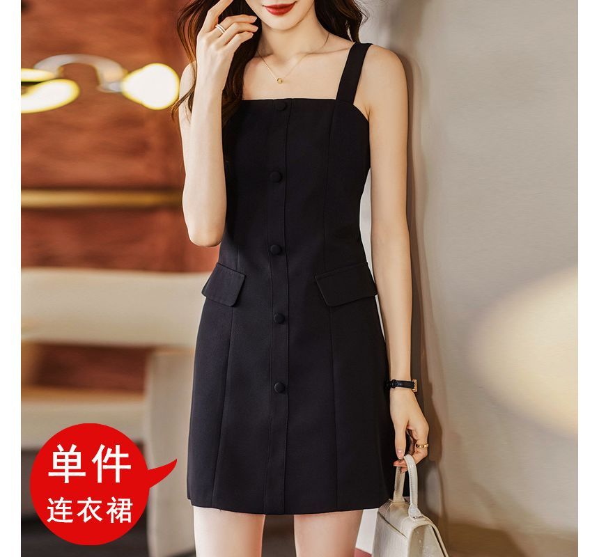 Thin Strap Solid Mini A-Line Dress / Double-Breasted Crop Blazer / Set