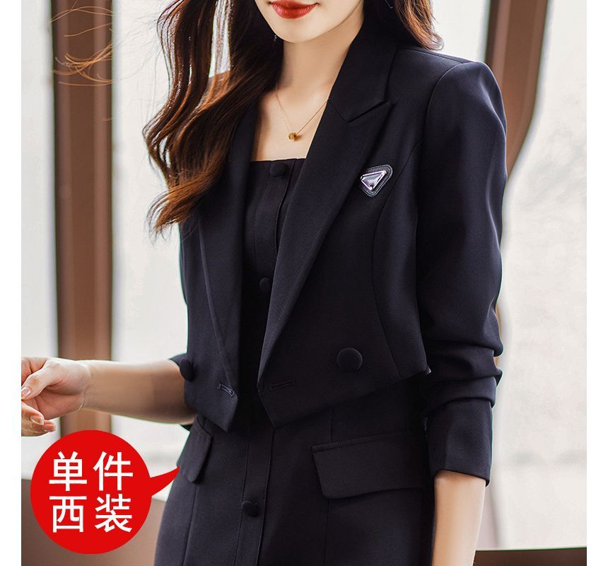 Thin Strap Solid Mini A-Line Dress / Double-Breasted Crop Blazer / Set