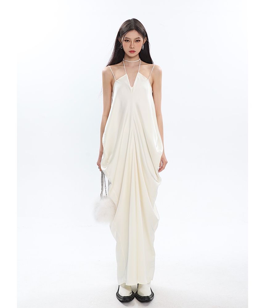 Thin Strap Solid Gathered Satin Maxi Shift Dress