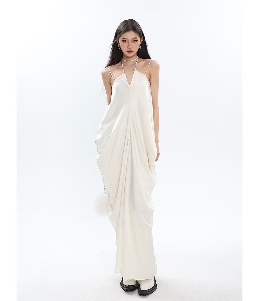 Thin Strap Solid Gathered Satin Maxi Shift Dress
