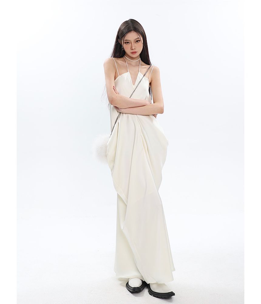 Thin Strap Solid Gathered Satin Maxi Shift Dress