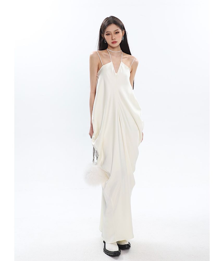 Thin Strap Solid Gathered Satin Maxi Shift Dress