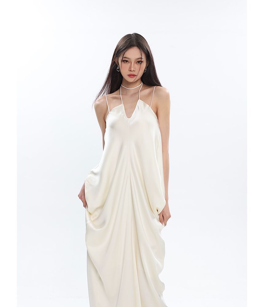 Thin Strap Solid Gathered Satin Maxi Shift Dress