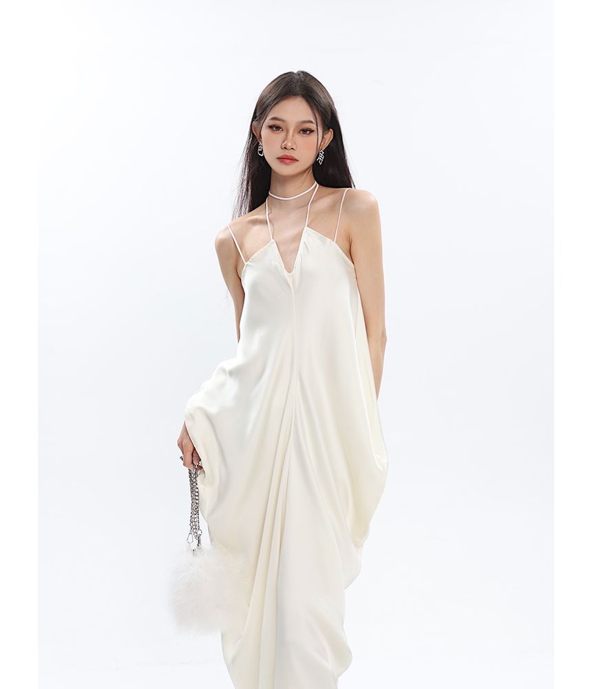 Thin Strap Solid Gathered Satin Maxi Shift Dress