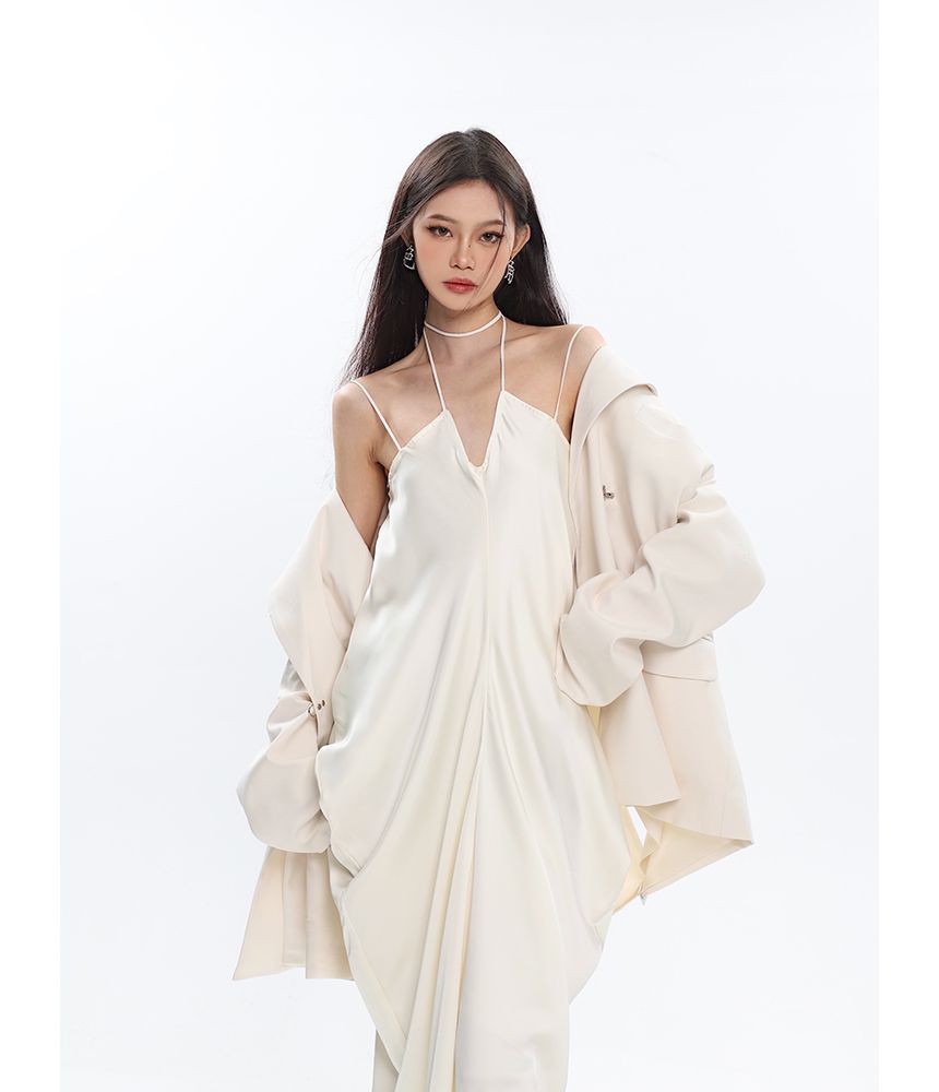 Thin Strap Solid Gathered Satin Maxi Shift Dress