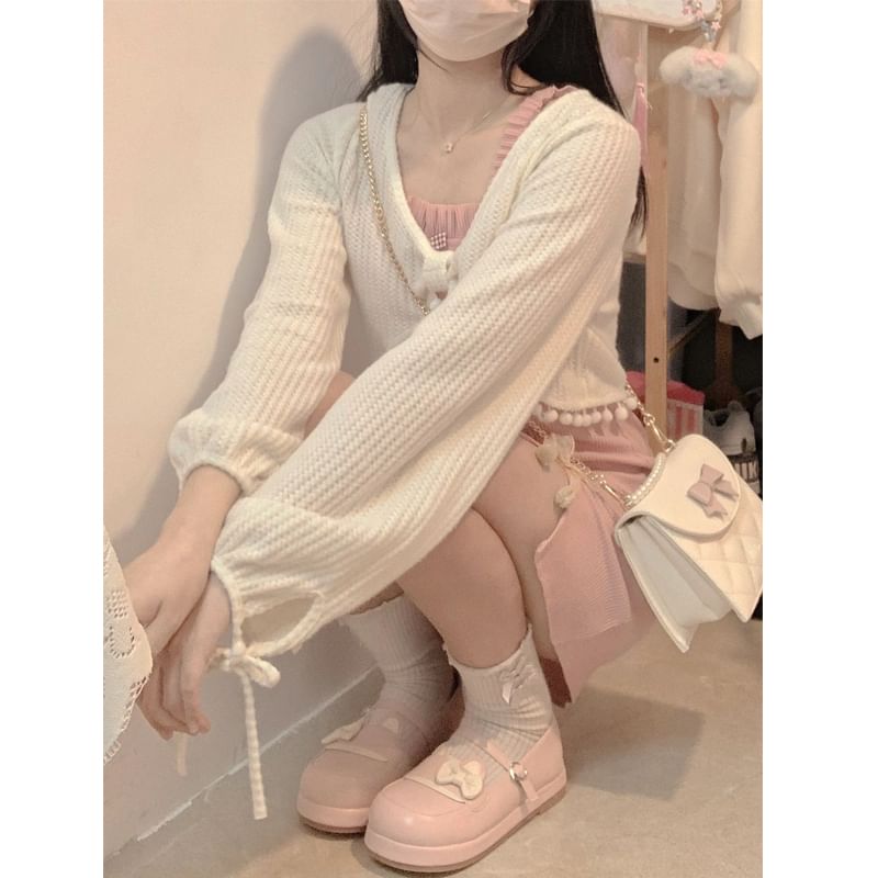 V-Neck Solid Pom Pom Crop Blouse / Thin Strap Bow Front Slit Mini A-Line Dress