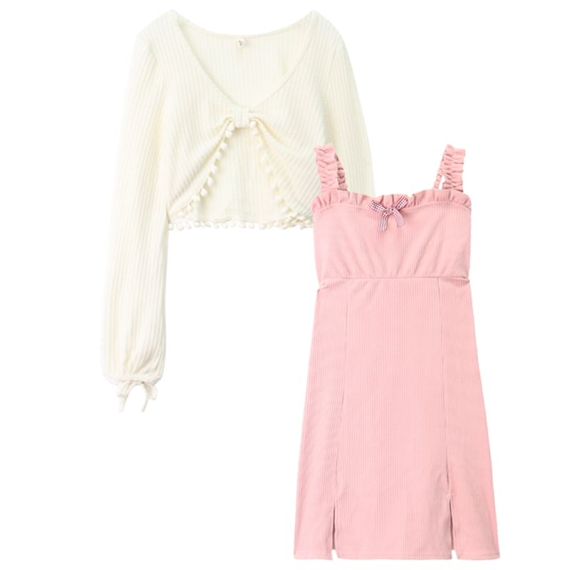 V-Neck Solid Pom Pom Crop Blouse / Thin Strap Bow Front Slit Mini A-Line Dress