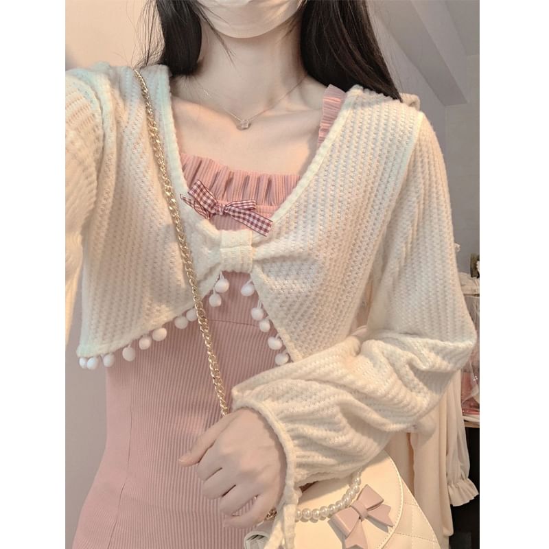 V-Neck Solid Pom Pom Crop Blouse / Thin Strap Bow Front Slit Mini A-Line Dress