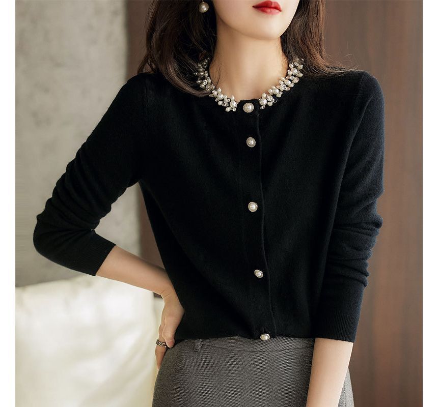Faux Pearl Plain Cardigan