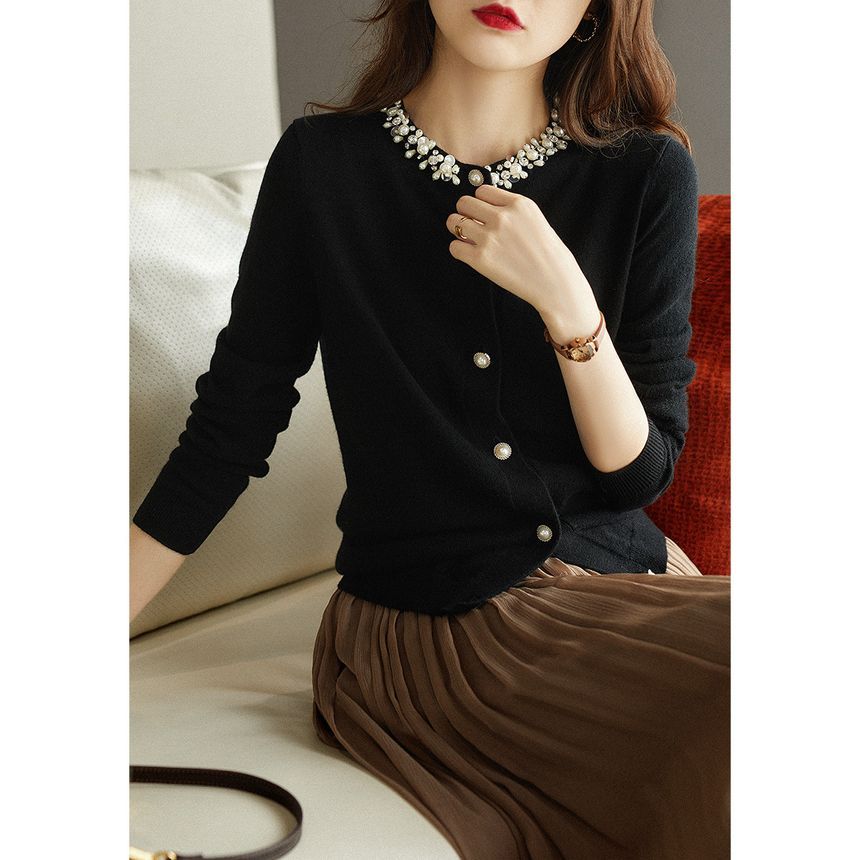 Faux Pearl Plain Cardigan