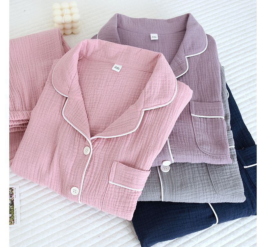 Couple Matching Pajama Set: Long-Sleeve Collared Contrast Trim Top + Elastic Waist Plain Straight Leg Pants