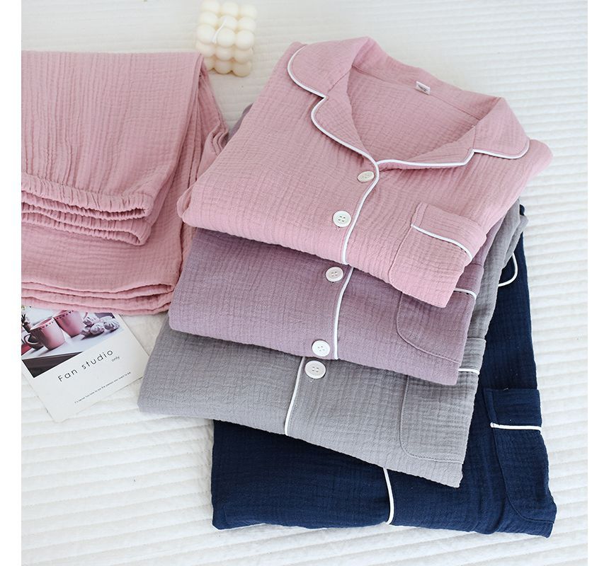 Couple Matching Pajama Set: Long-Sleeve Collared Contrast Trim Top + Elastic Waist Plain Straight Leg Pants