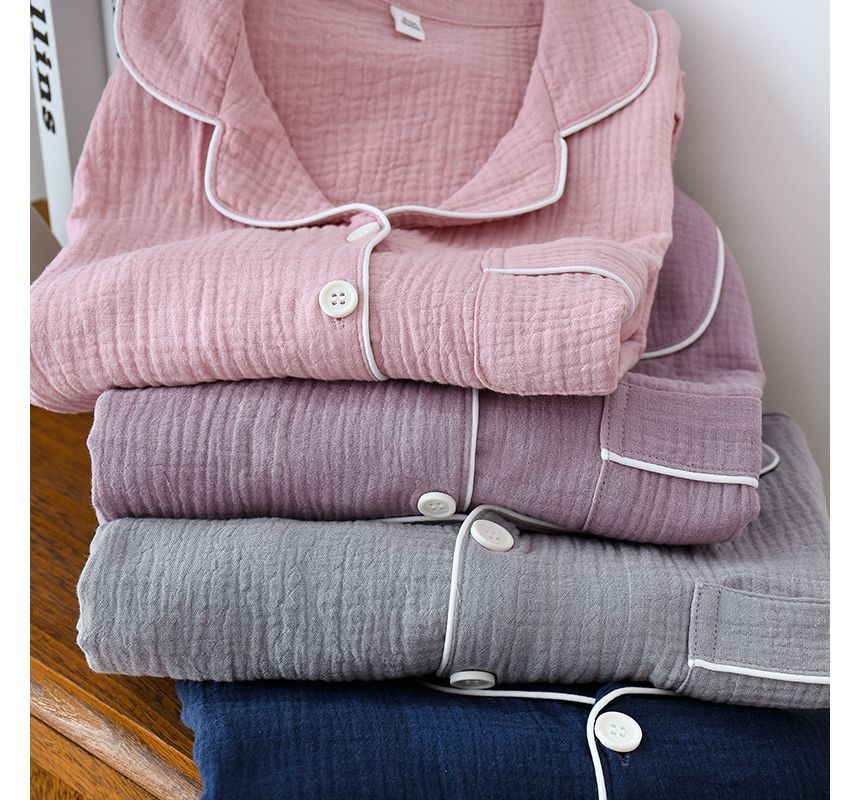 Couple Matching Pajama Set: Long-Sleeve Collared Contrast Trim Top + Elastic Waist Plain Straight Leg Pants