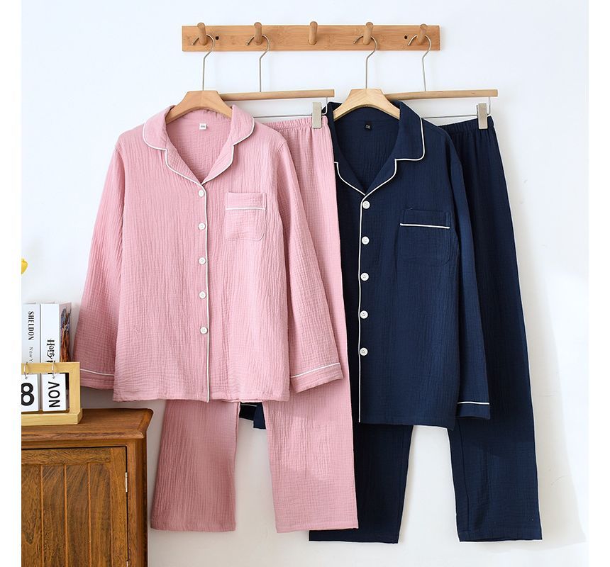 Couple Matching Pajama Set: Long-Sleeve Collared Contrast Trim Top + Elastic Waist Plain Straight Leg Pants