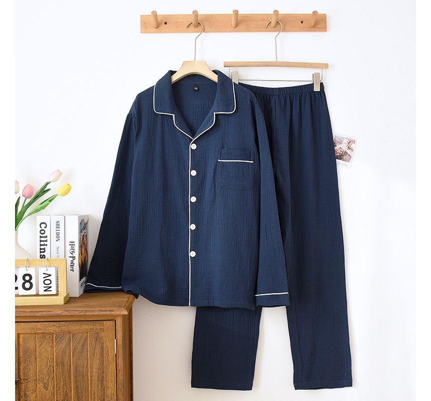 Couple Matching Pajama Set: Long-Sleeve Collared Contrast Trim Top + Elastic Waist Plain Straight Leg Pants