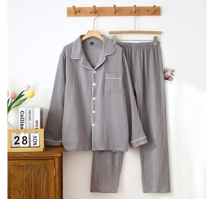 Couple Matching Pajama Set: Long-Sleeve Collared Contrast Trim Top + Elastic Waist Plain Straight Leg Pants